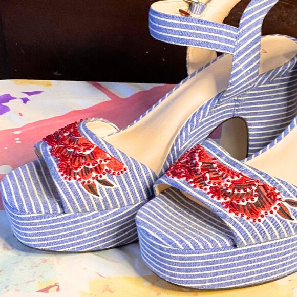 Nine West Blue & White Pinstripe Platform Heels - Picture 3 of 10